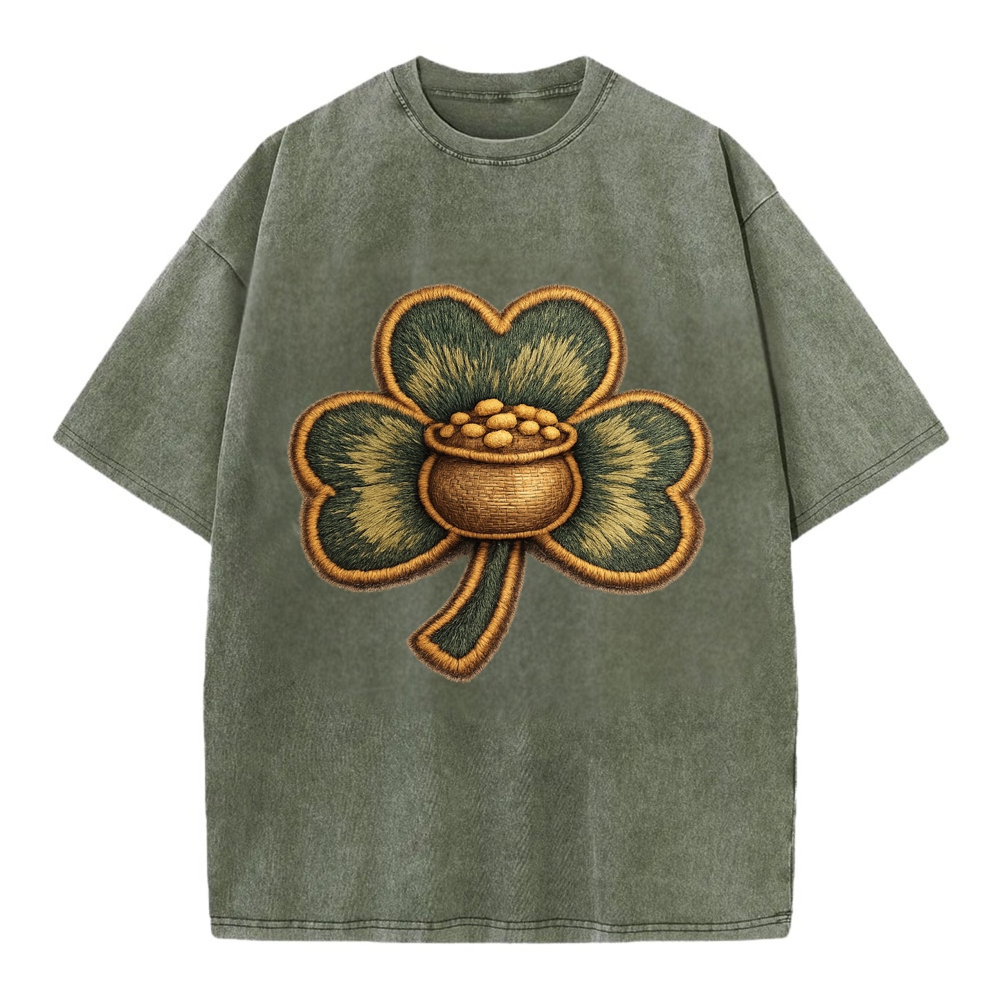ST PATRICKS CLOVER - lucky clover with gold in green and gold , Irish luck - Vintage T-shirt - Army Green