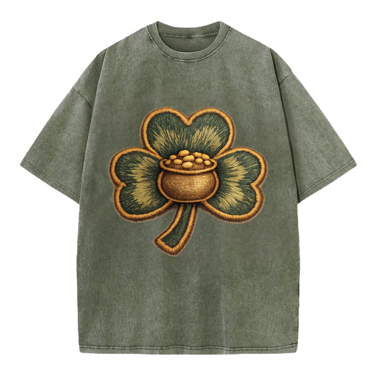 ST PATRICKS CLOVER - lucky clover with gold in green and gold , Irish luck - Vintage T-shirt - Army Green