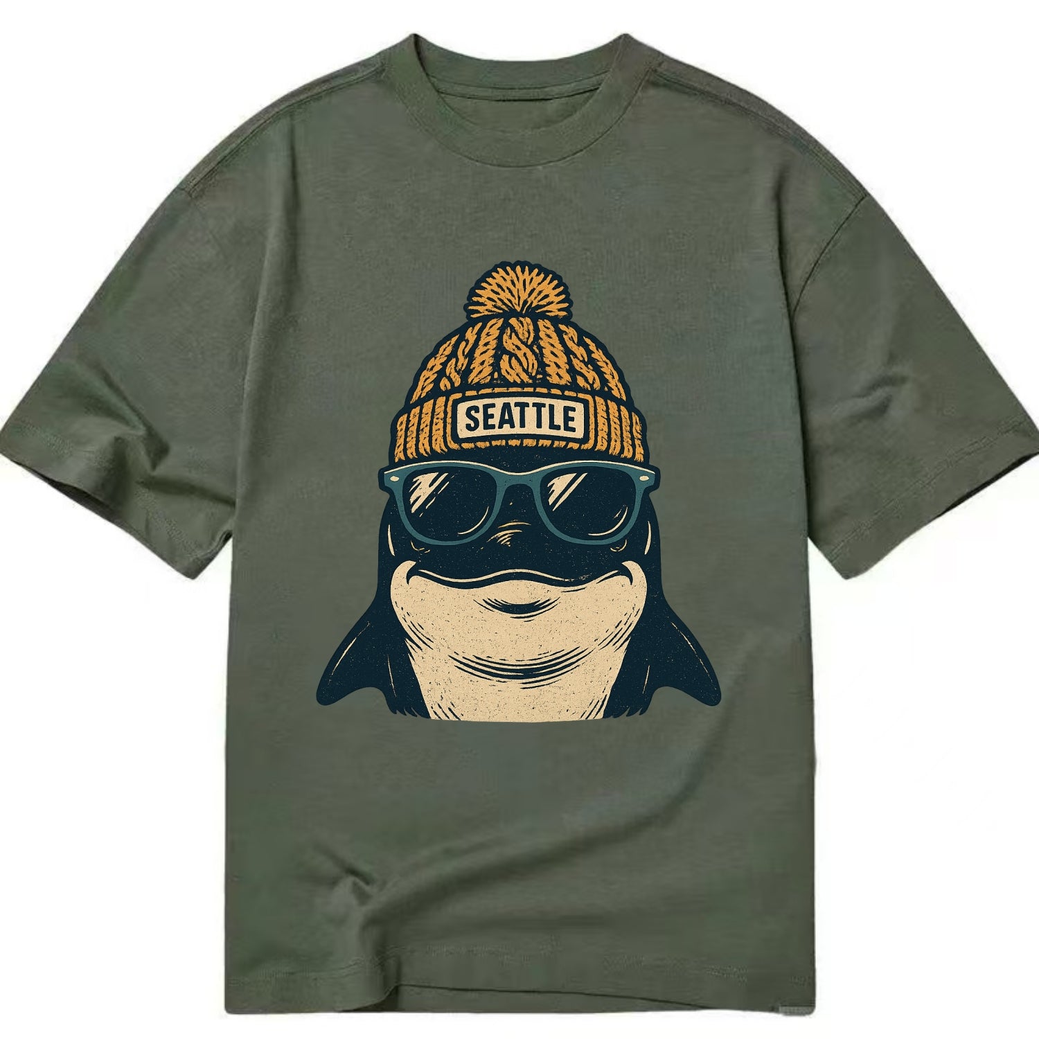 Seattle Orca wearing Seattle beanie with pom pom and wayfarer sunglasses - Classic T-shirt - Army Green