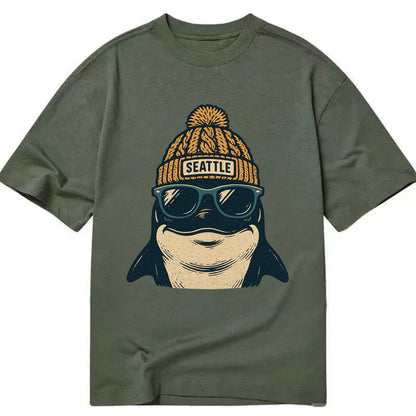 Seattle Orca wearing Seattle beanie with pom pom and wayfarer sunglasses - Classic T-shirt - Army Green