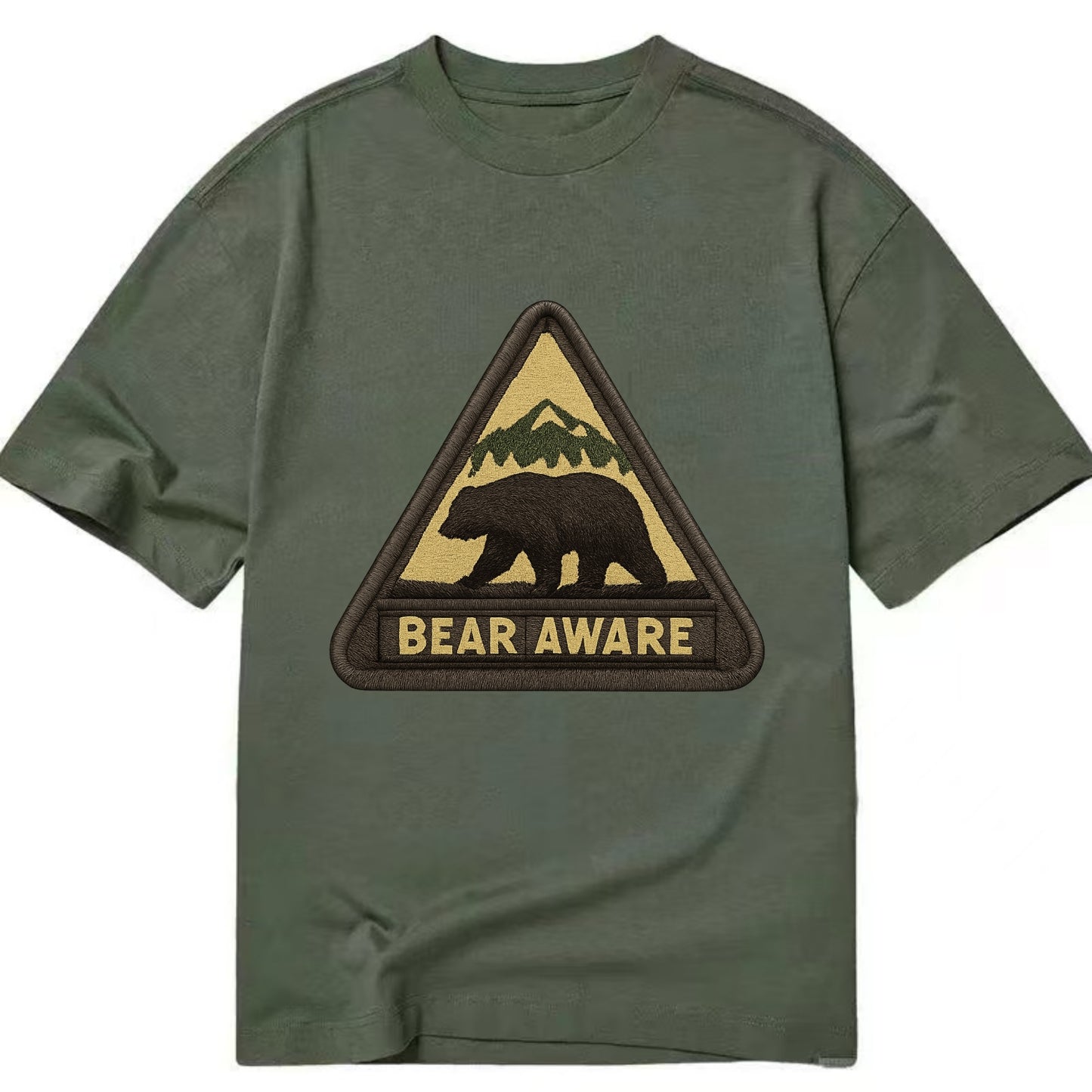 BEAR AWARE - bear silhouette warning in brown and yellow , wilderness safety - Classic T-shirt - Army Green