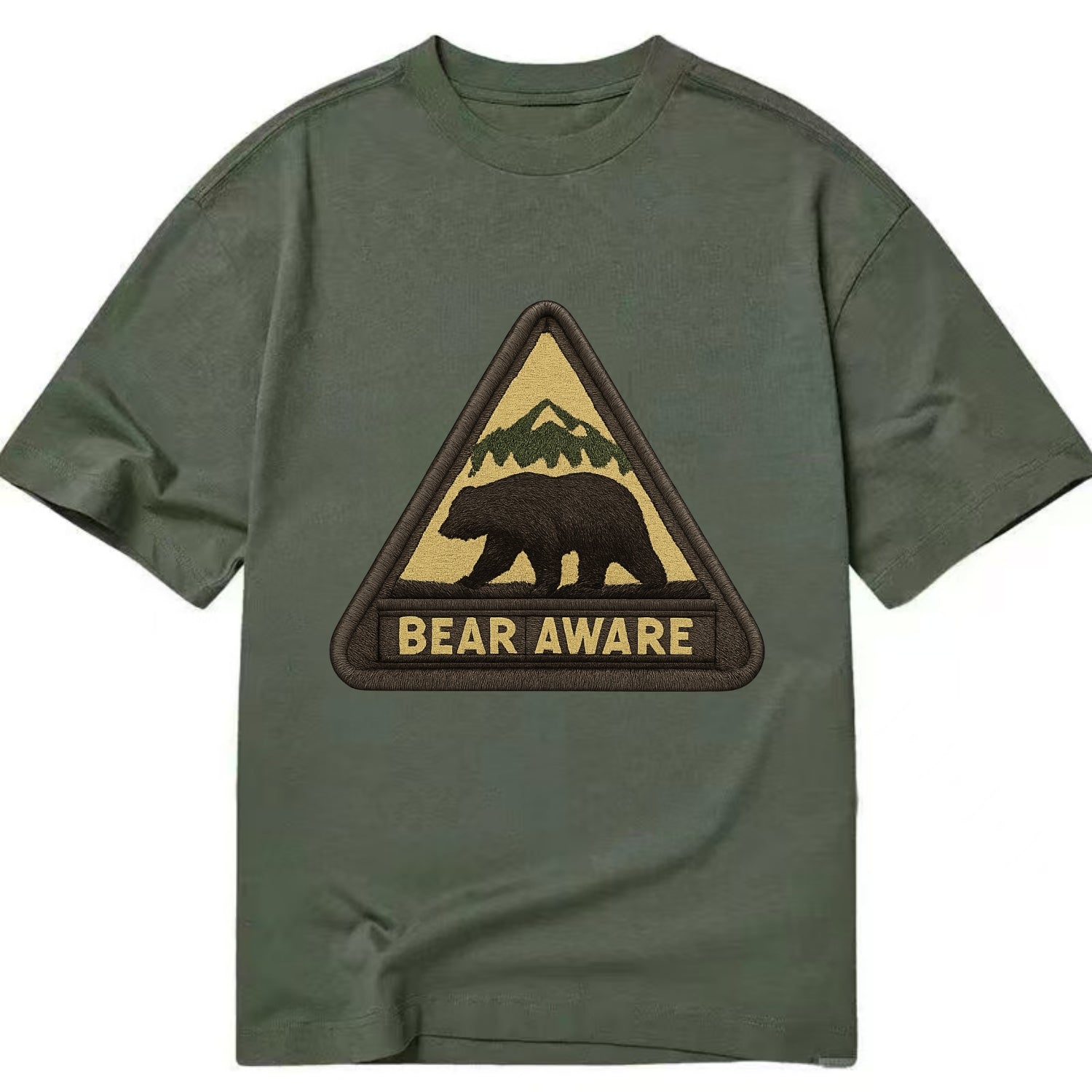 BEAR AWARE - bear silhouette warning in brown and yellow , wilderness safety - Classic T-shirt - Army Green