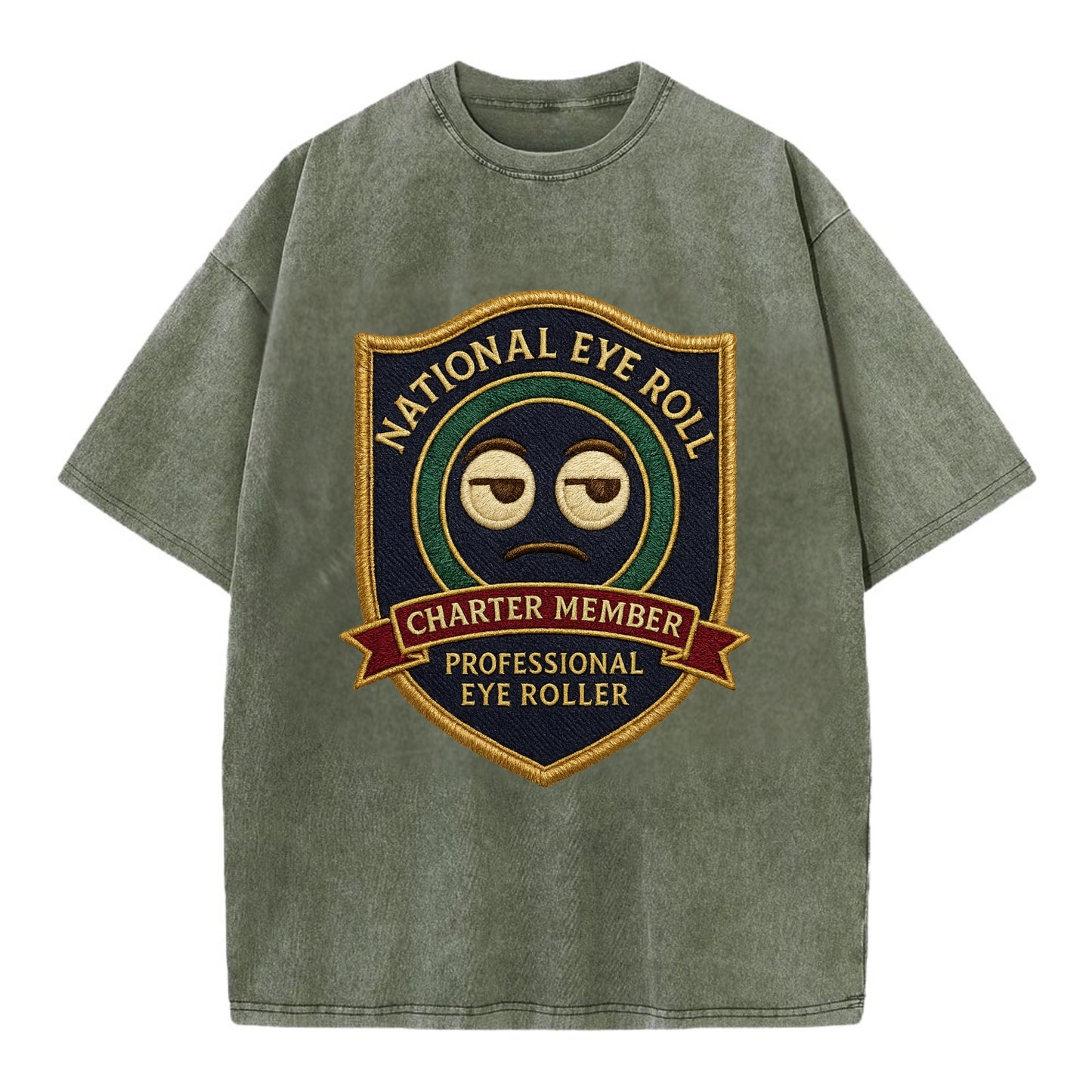 Crest with eye roll icon - "National Eye Roll Association - Charter Member" - - Vintage T-shirt - Army Green