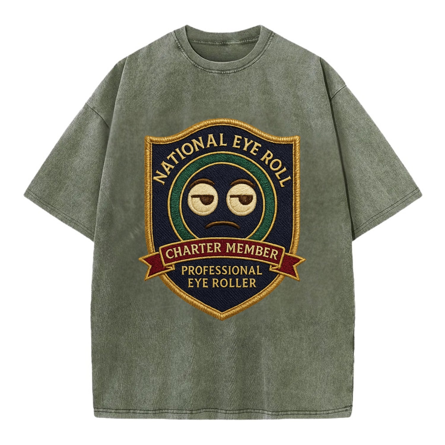 Crest with eye roll icon - "National Eye Roll Association - Charter Member" - - Vintage T-shirt - Army Green