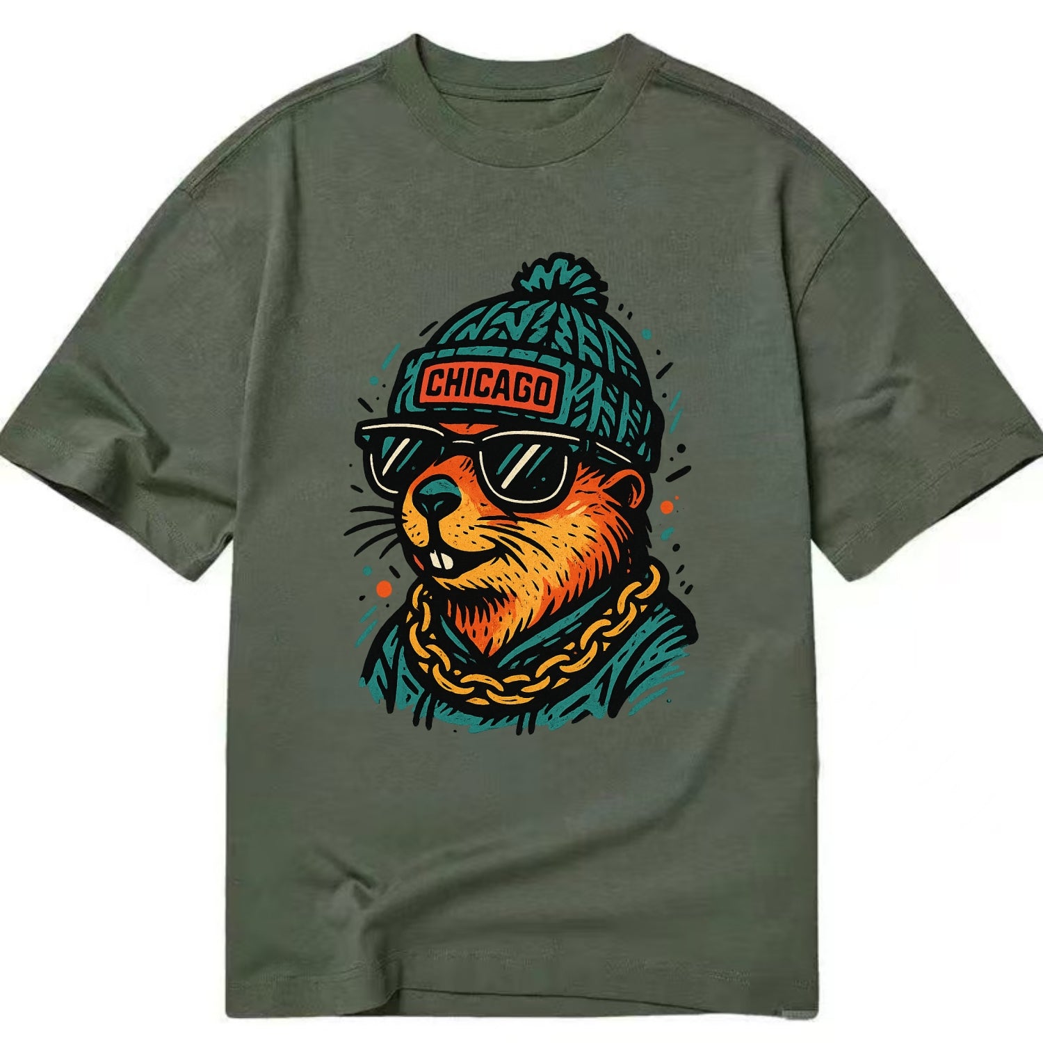 Illinois Prairie Dog wearing Chicago beanie with pom pom and wayfarer sunglasses - Classic T-shirt - Army Green