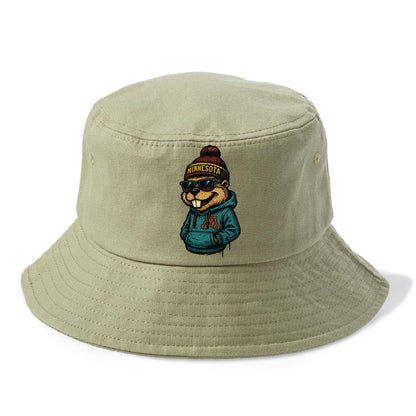 Minneapolis Gopher wearing Minnesota beanie with M patch - Bucket Hat - Army Green