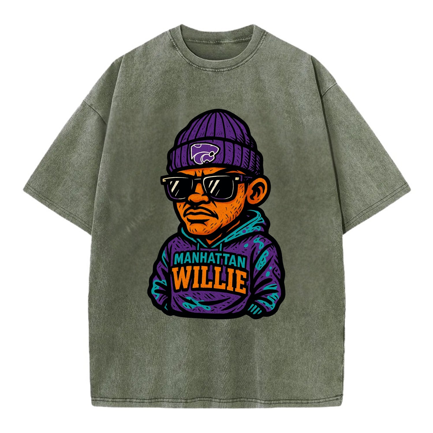 Manhattan Willie wearing Kansas State beanie with powercat patch - Vintage T-shirt - Army Green