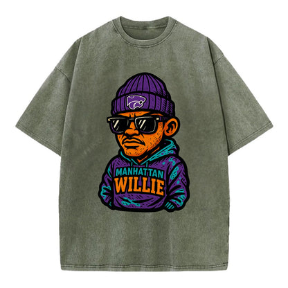 Manhattan Willie wearing Kansas State beanie with powercat patch - Vintage T-shirt - Army Green