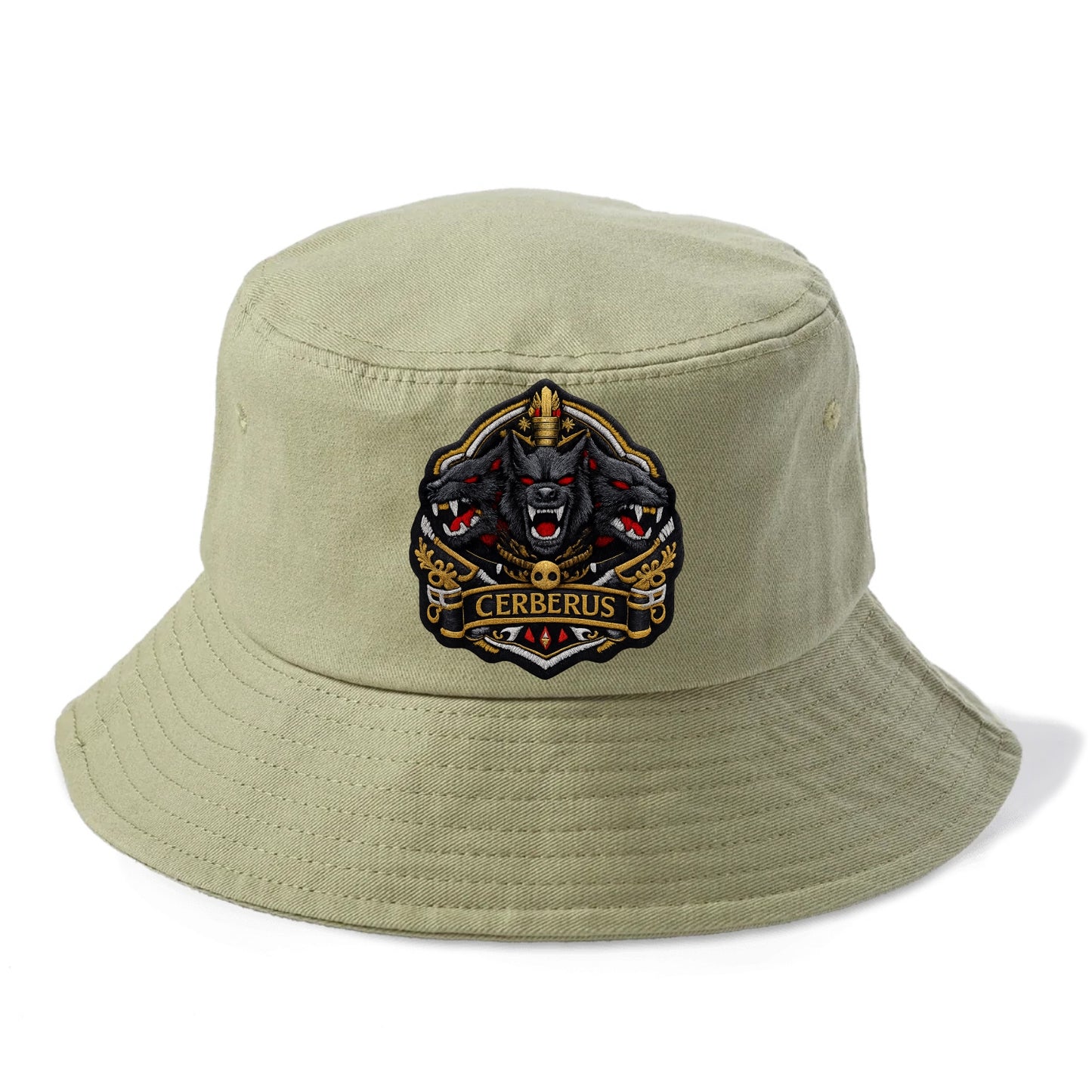 CERBERUS THREE HEADS - triple hound in black and red , underworld - Bucket Hat - Army Green