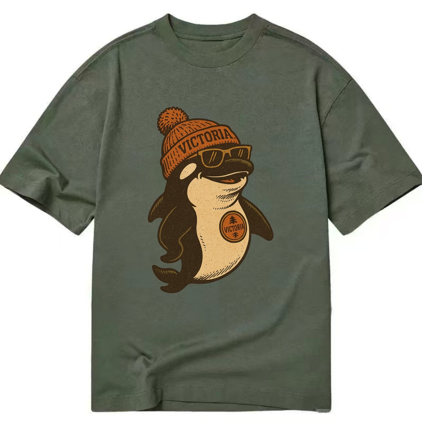 Victoria Orca wearing Victoria beanie with pom pom and wayfarer sunglasses - Classic T-shirt - Army Green