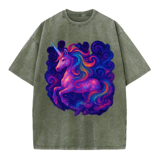 Magical unicorn with flowing rainbow gradient mane, iridescent horn with spiral - Vintage T-shirt - Army Green
