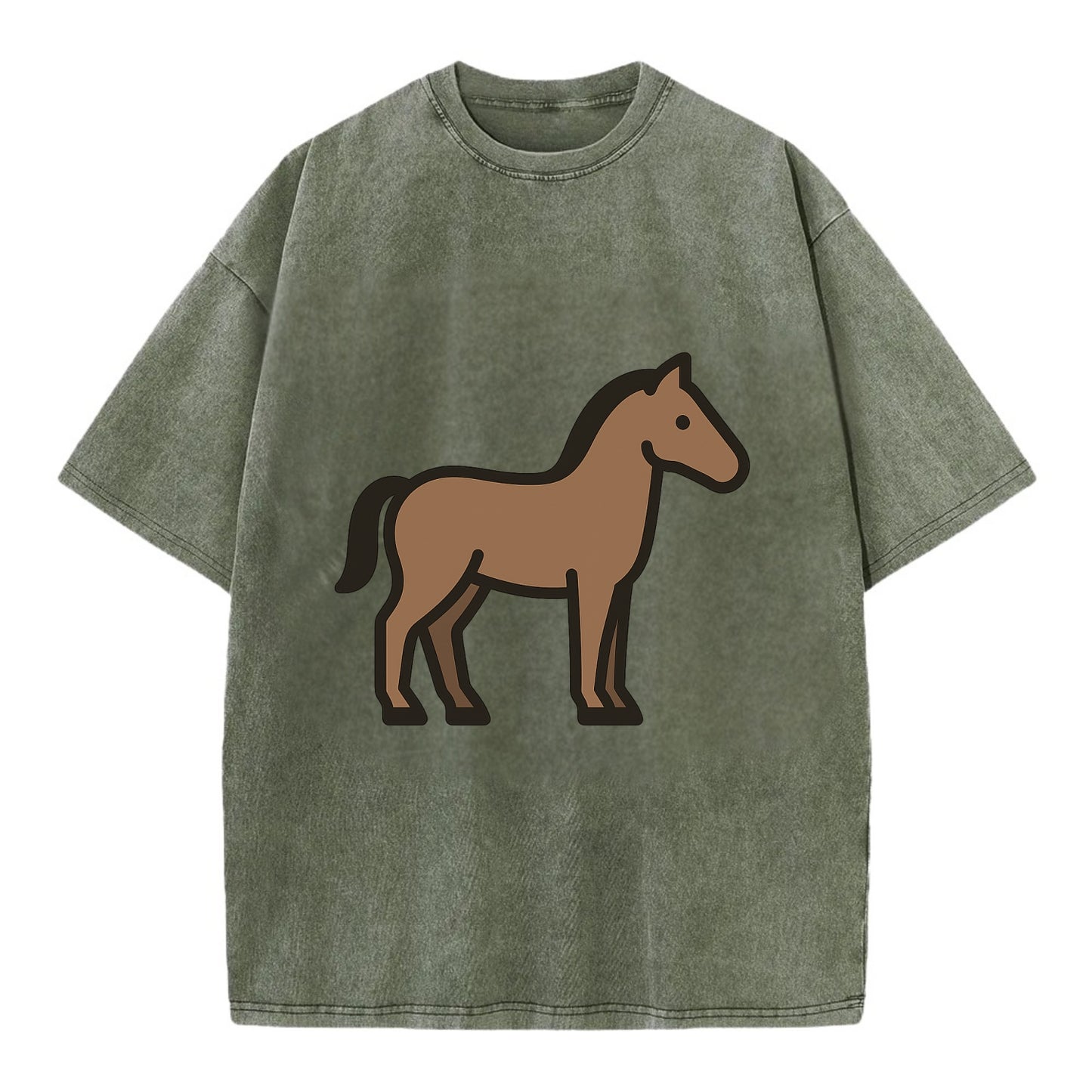 Horse - Brown standing pose flat side profile - Vintage T-shirt - Army Green