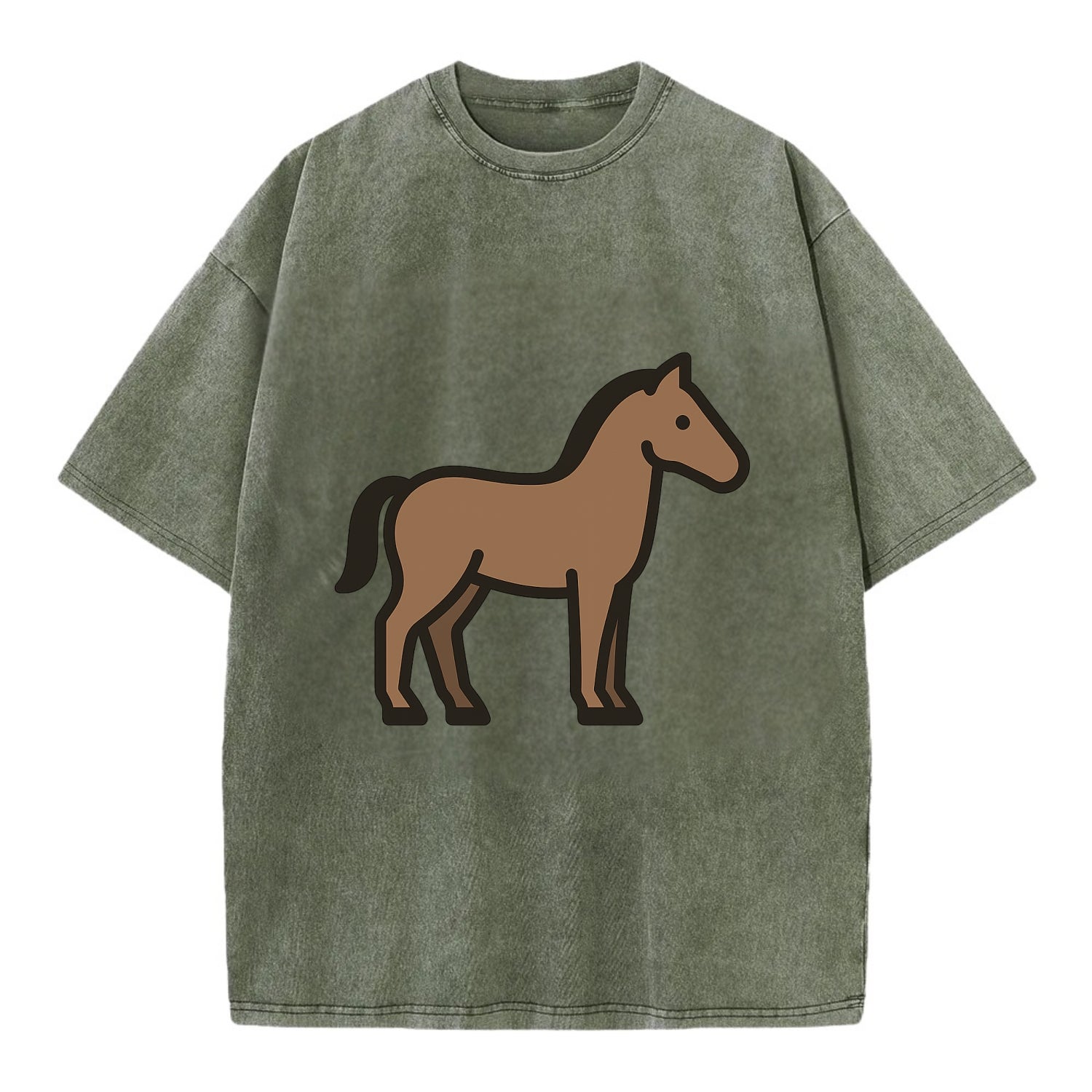 Horse - Brown standing pose flat side profile - Vintage T-shirt - Army Green