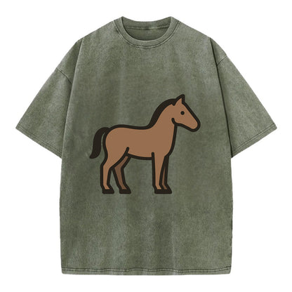 Horse - Brown standing pose flat side profile - Vintage T-shirt - Army Green