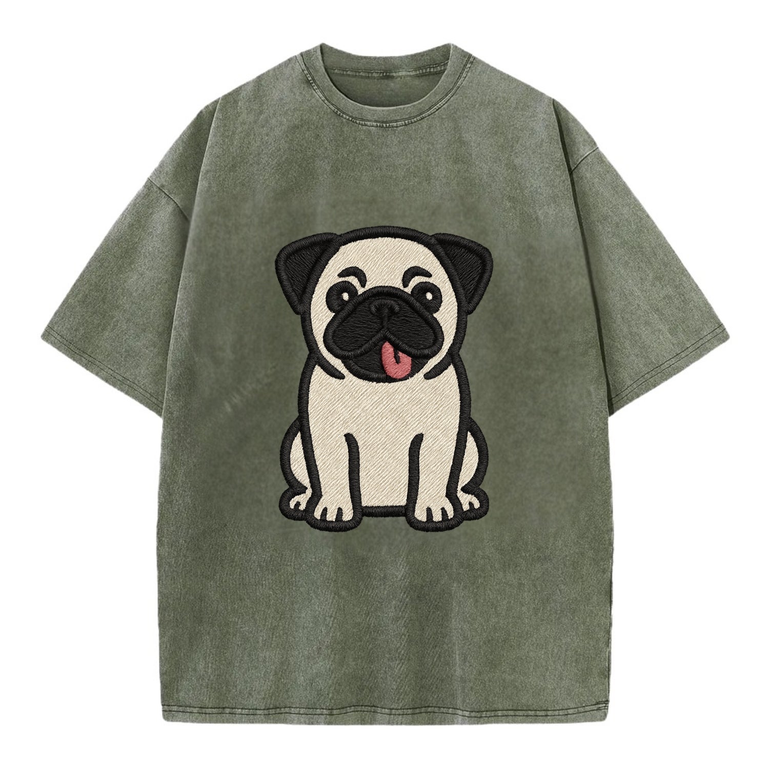 Pug - Tilted head with tongue out - Vint Vintage T-shirt - Army Green