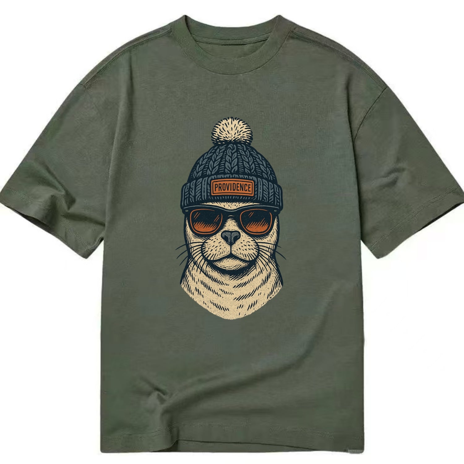 Rhode Island Harbor Seal wearing Providence beanie with pom pom and wayfarer - Classic T-shirt - Army Green