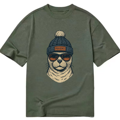 Rhode Island Harbor Seal wearing Providence beanie with pom pom and wayfarer - Classic T-shirt - Army Green
