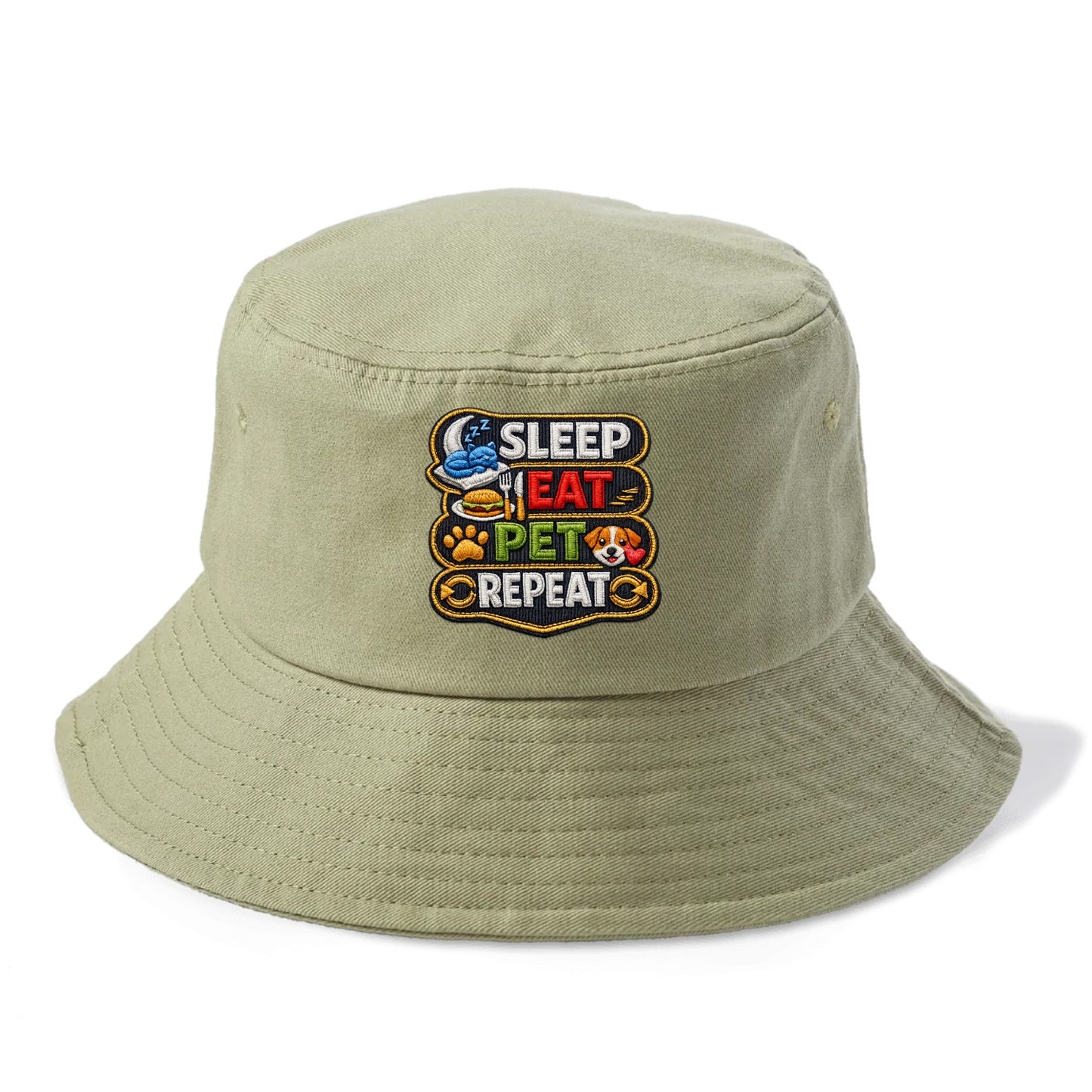 SLEEP EAT PET REPEAT - daily routine icons in multicolor , pet life - Bucket Hat - Army Green