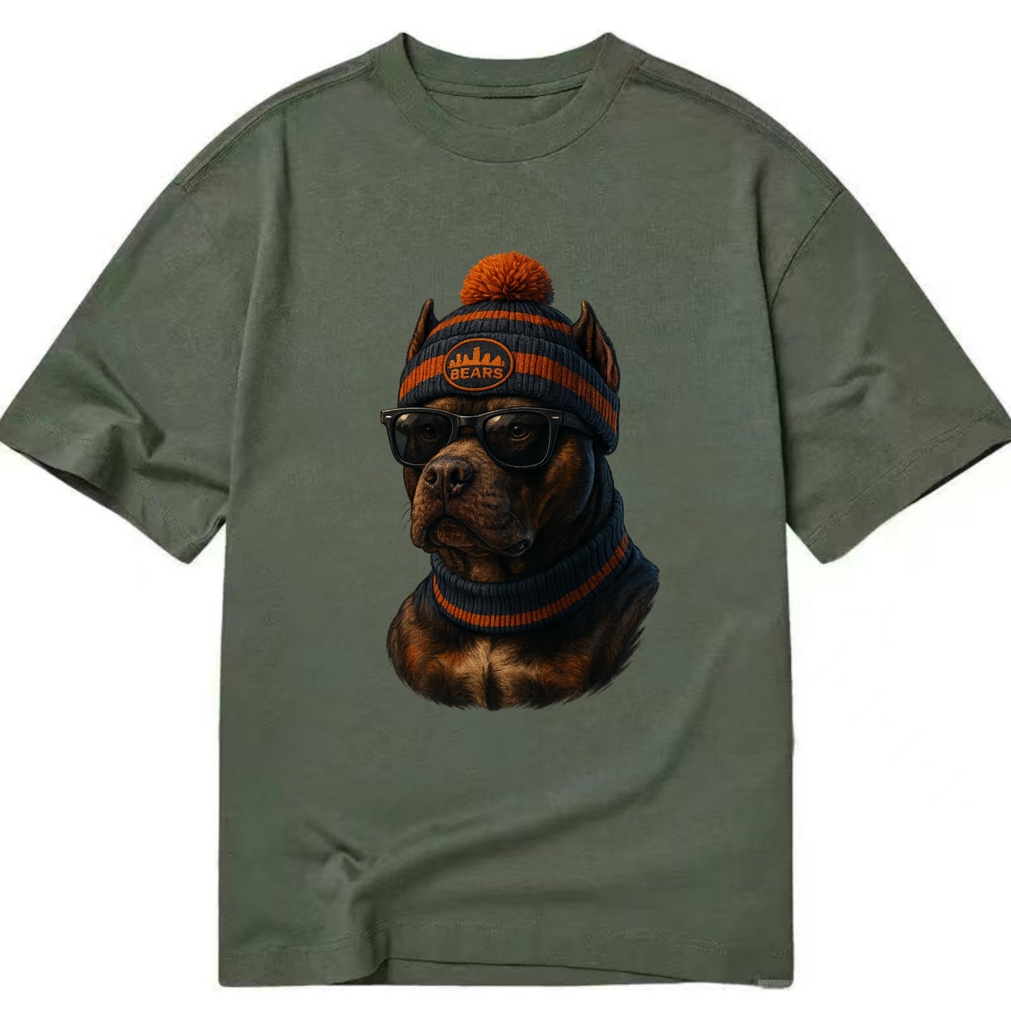 Chicago Pitbull wearing Bears beanie with skyline patch and wayfarer sunglasses - Classic T-shirt - Army Green