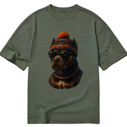 Chicago Pitbull wearing Bears beanie with skyline patch and wayfarer sunglasses - Classic T-shirt - Army Green