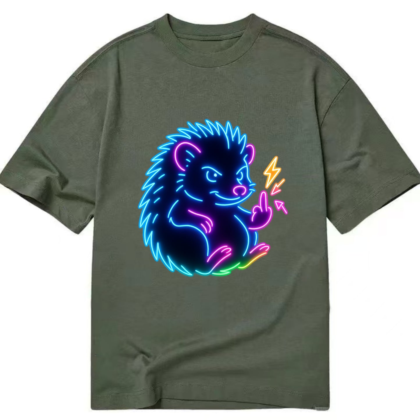 tiny hedgehog curled up slightly, one little paw raised flipping the bird - Classic T-shirt - Army Green
