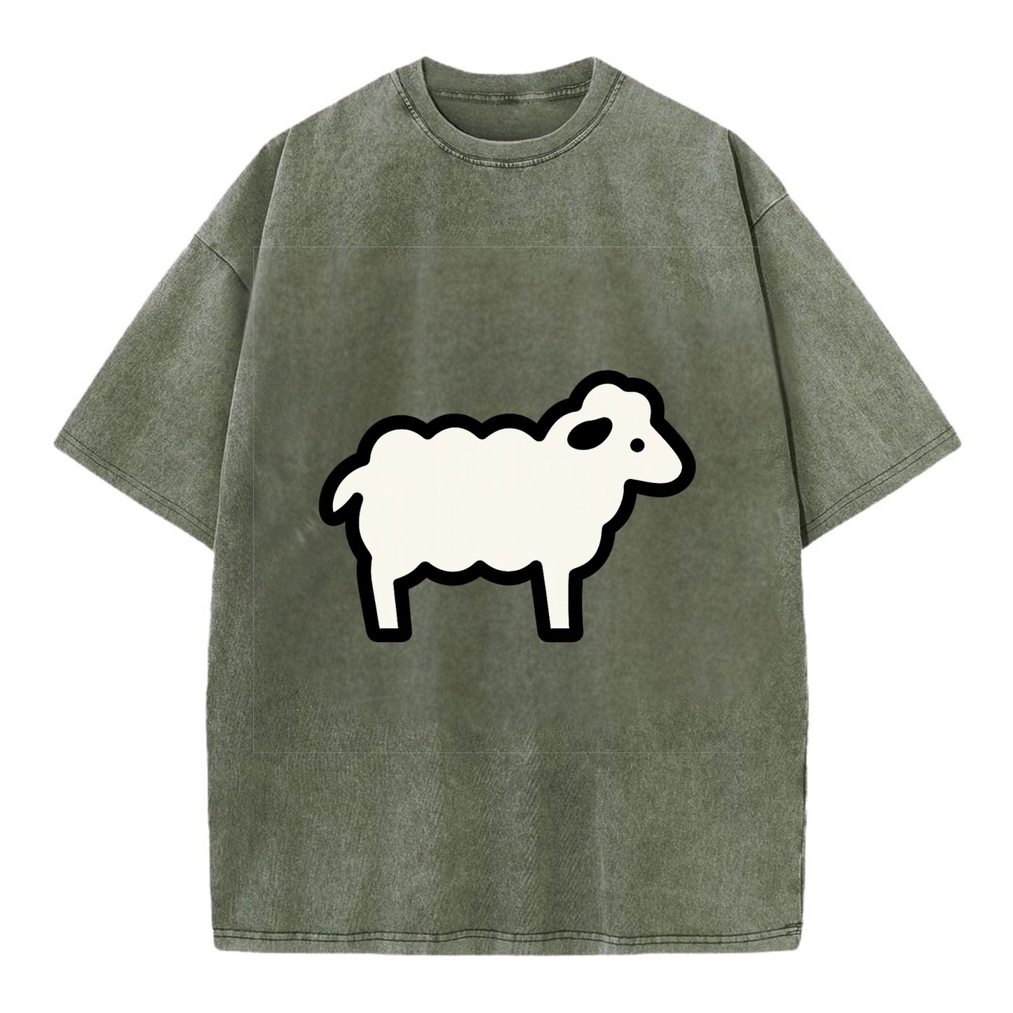 Sheep - White fluffy wool flat side profile - Vintage T-shirt - Army Green