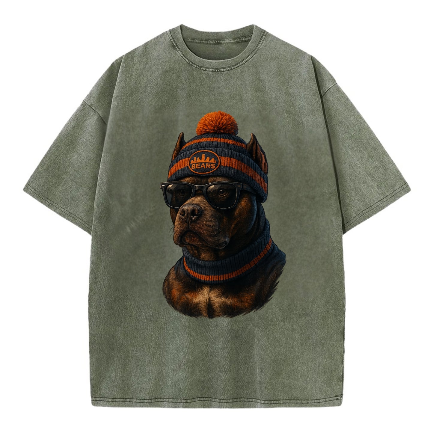 Chicago Pitbull wearing Bears beanie with skyline patch and wayfarer sunglasses - Vintage T-shirt - Army Green