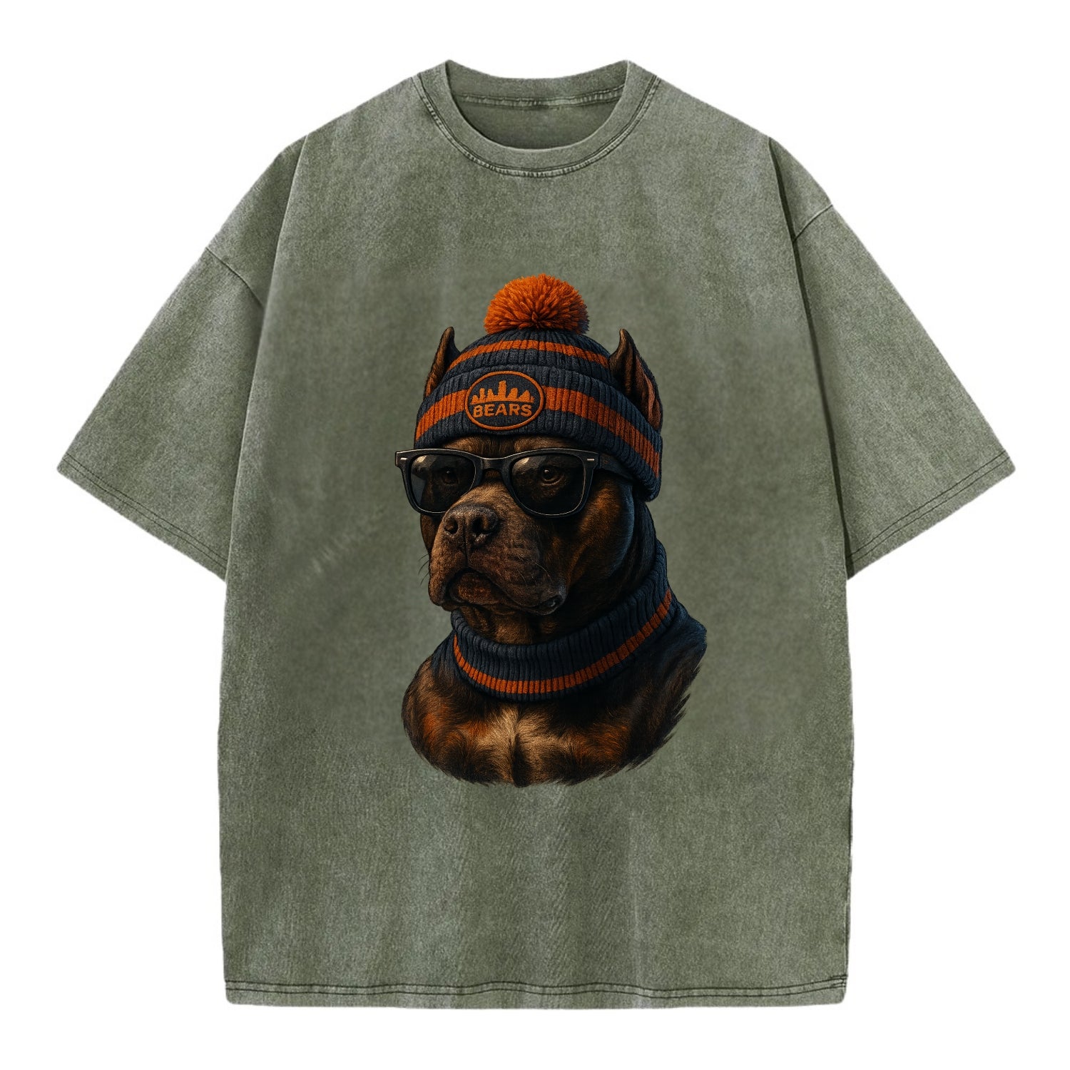 Chicago Pitbull wearing Bears beanie with skyline patch and wayfarer sunglasses - Vintage T-shirt - Army Green