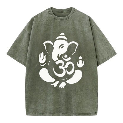 Ganesha elephant silhouette - negative space creates om symbol - Vintage T-shirt - Army Green