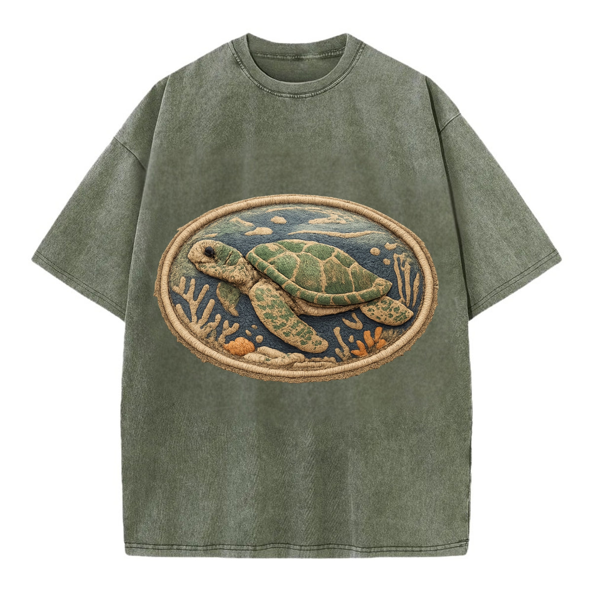 SEA TURTLE - swimming turtle in green and blue , ocean life - Vintage T-shirt - Army Green
