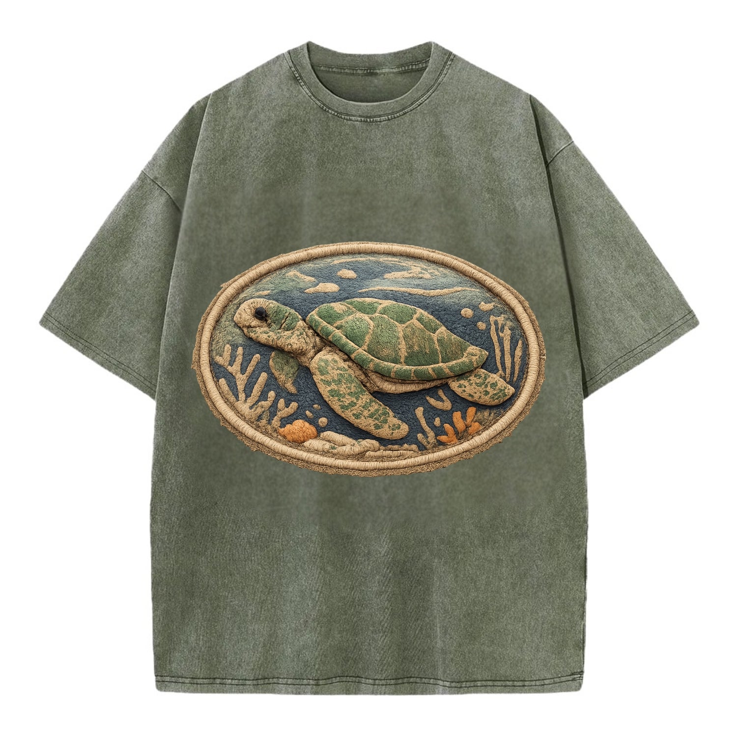SEA TURTLE - swimming turtle in green and blue , ocean life - Vintage T-shirt - Army Green