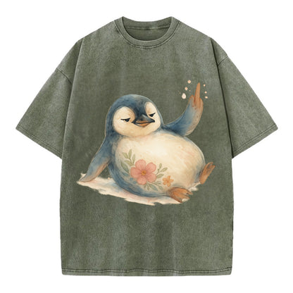 chubby penguin sliding on belly, one flipper up giving attitude - Vintage T-shirt - Army Green