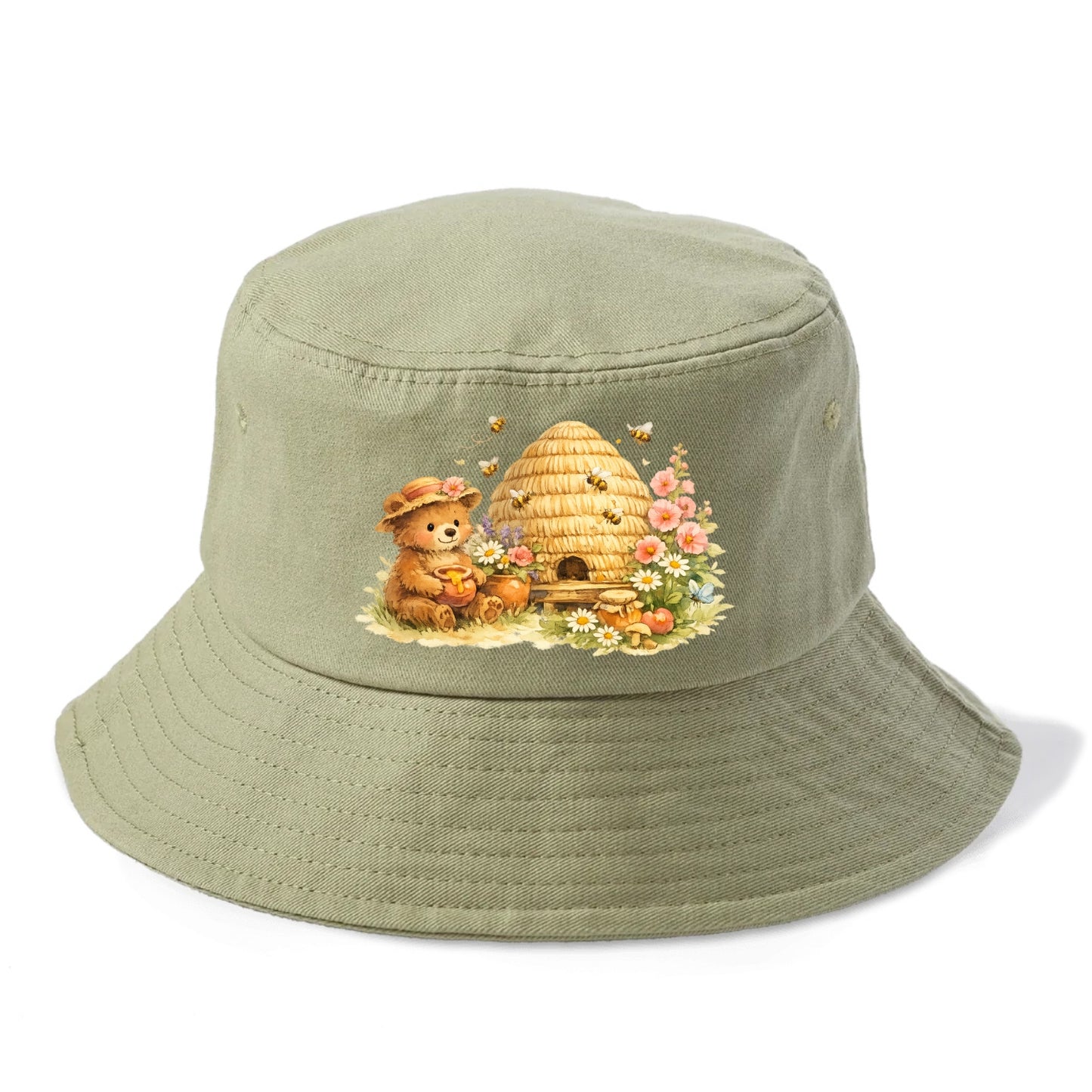 SKEP HIVE | Traditional straw beehive | Cottage garden setting | Buzzing activity | - Bucket Hat - Army Green