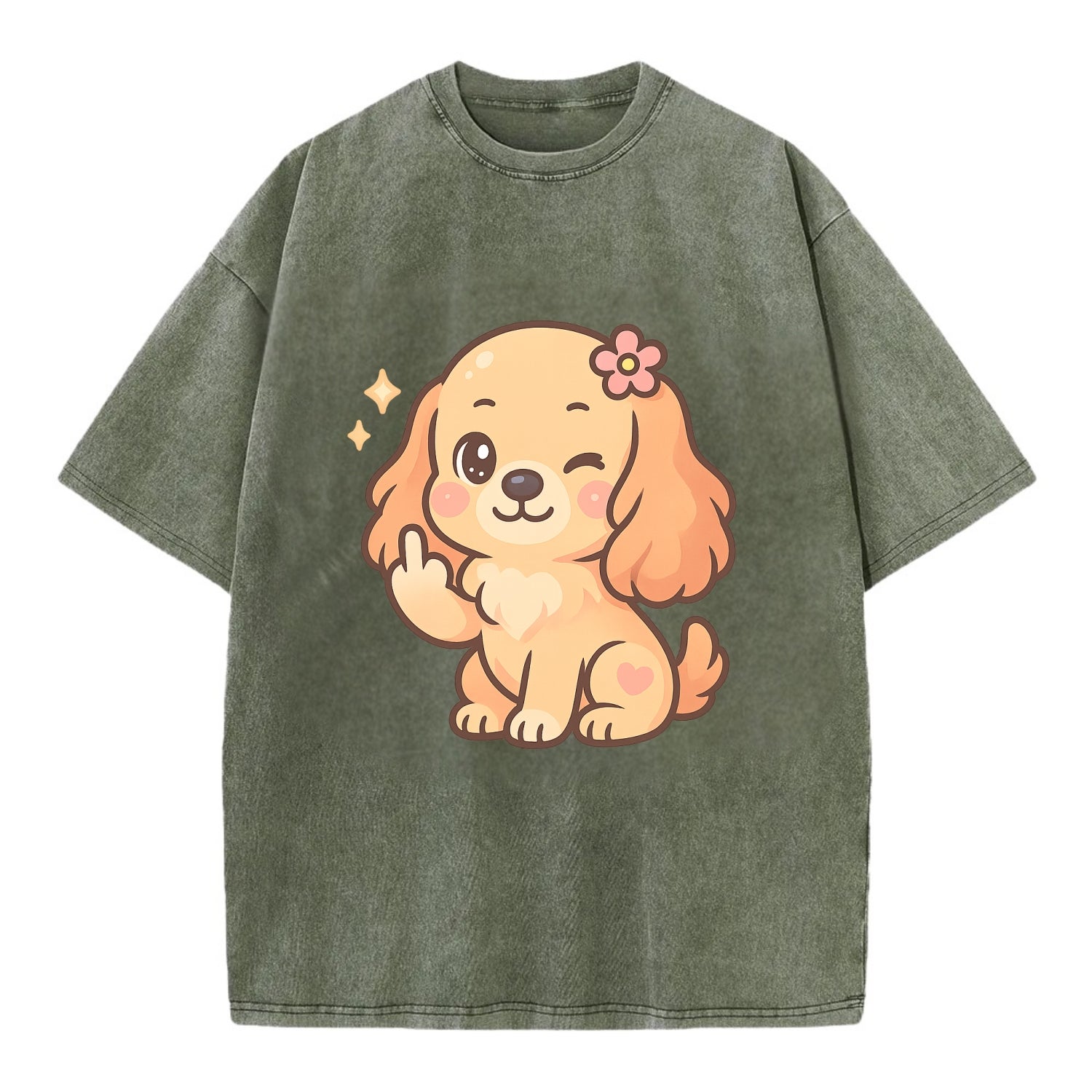 Cocker Spaniel with long wavy ears, gentle face, paw flipping off - Vintage T-shirt - Army Green