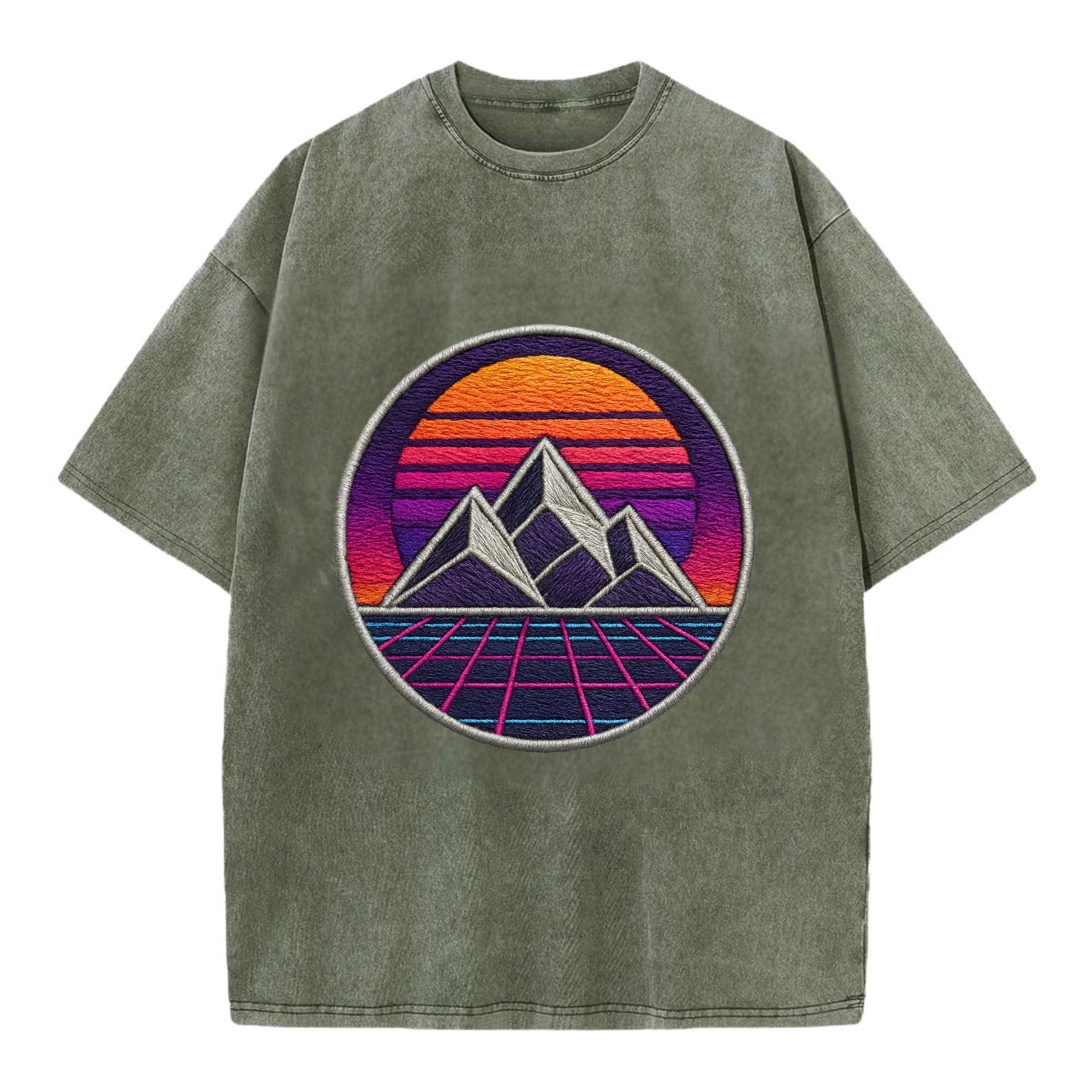 Retrowave Mountains - Vintage T-shirt - Army Green