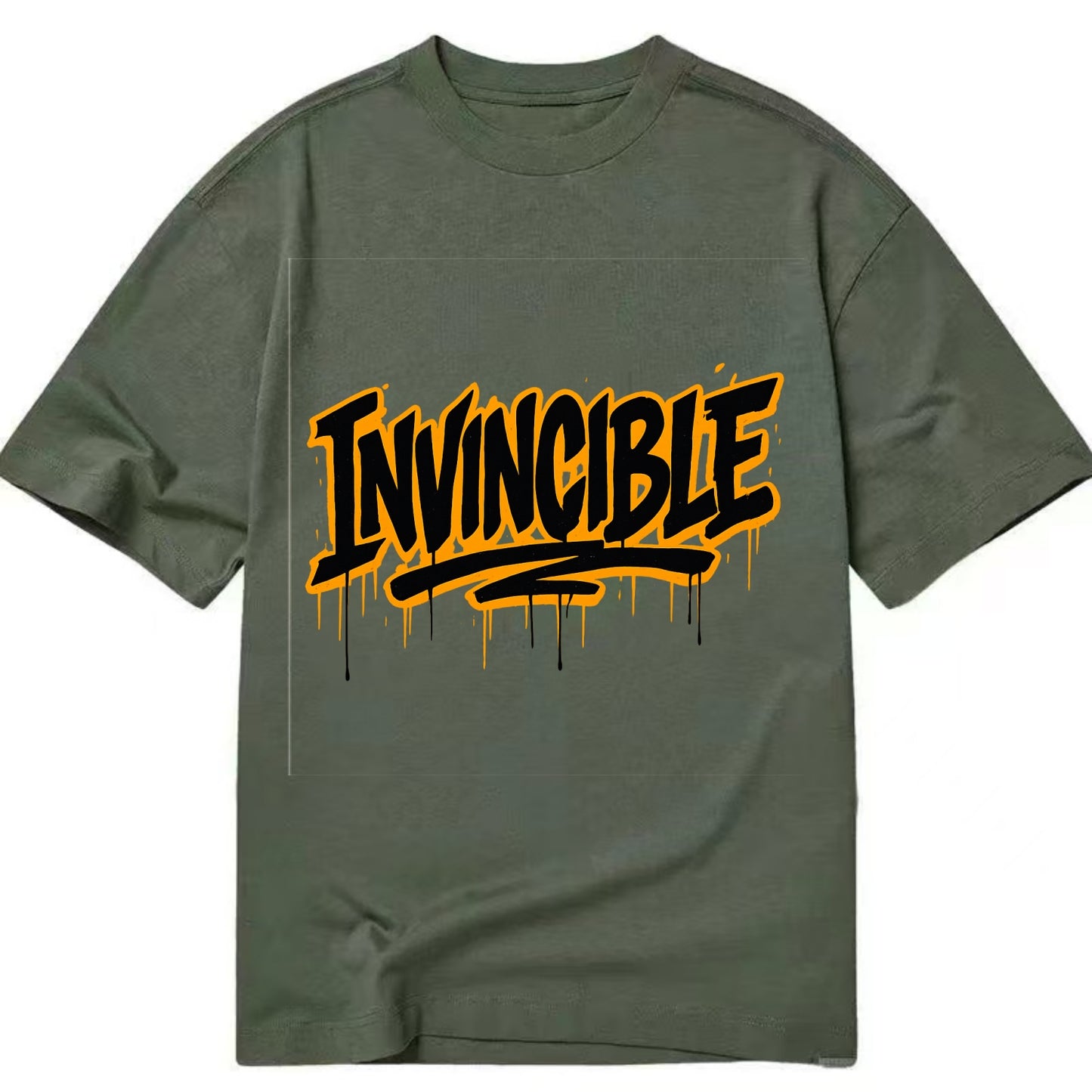 Bold typography design - "INVINCIBLE" - cannot be defeated, unconquerable - Classic T-shirt - Army Green