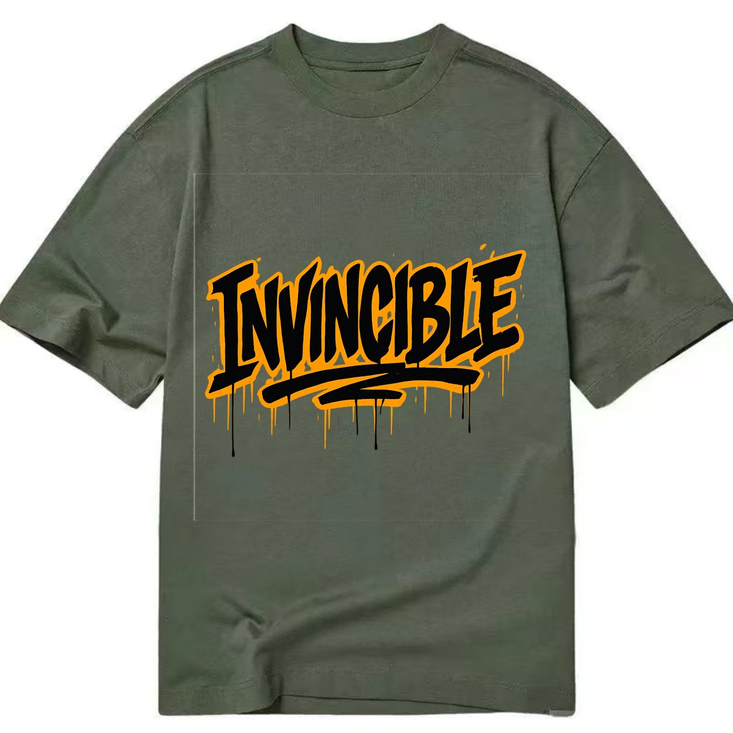 Bold typography design - "INVINCIBLE" - cannot be defeated, unconquerable - Classic T-shirt - Army Green