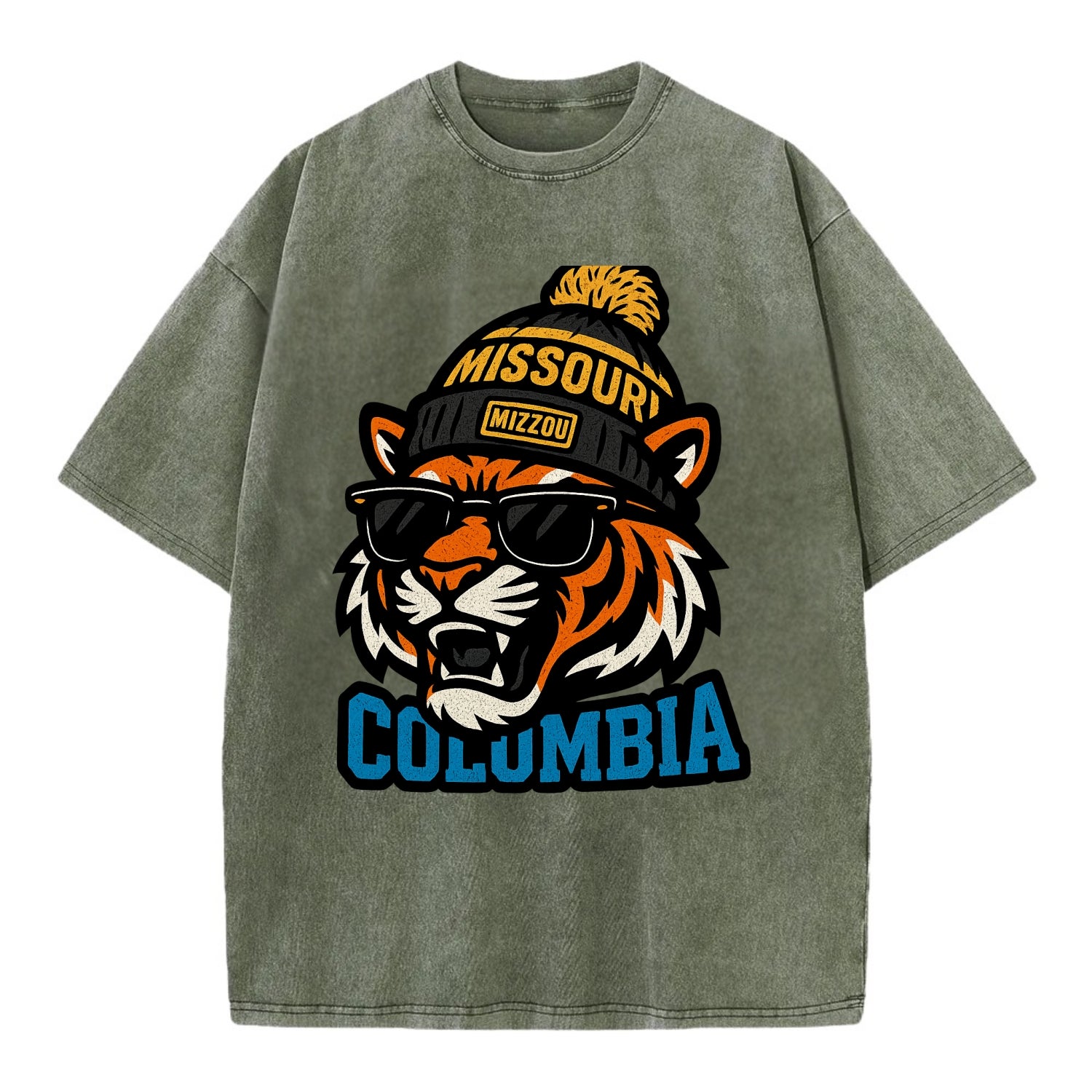 Columbia Tiger wearing Missouri beanie with Mizzou patch - Vintage T-shirt - Army Green