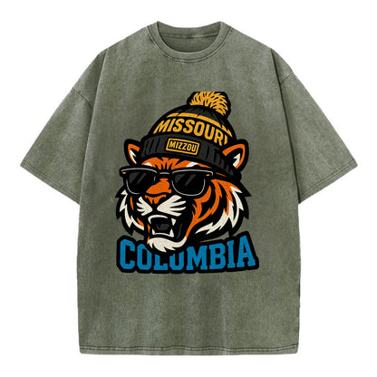 Columbia Tiger wearing Missouri beanie with Mizzou patch - Vintage T-shirt - Army Green