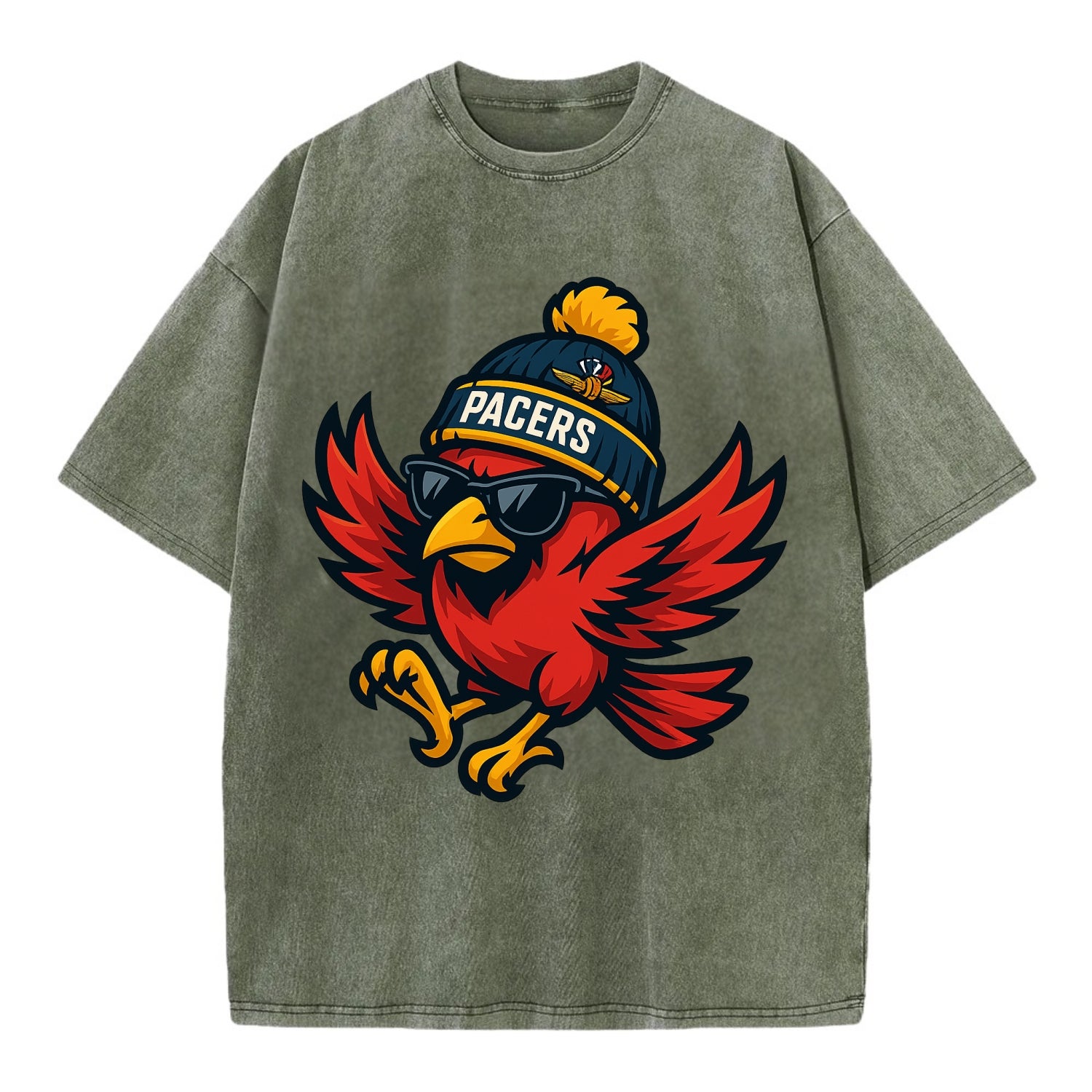 Indiana Cardinal wearing Pacers beanie with speedway patch and wayfarer sunglasses - Vintage T-shirt - Army Green