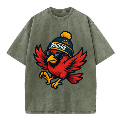 Indiana Cardinal wearing Pacers beanie with speedway patch and wayfarer sunglasses - Vintage T-shirt - Army Green