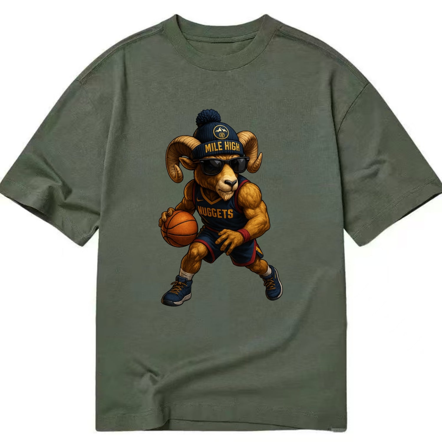Mile High Bighorn wearing Nuggets beanie with mountain patch and wayfarer - Classic T-shirt - Army Green
