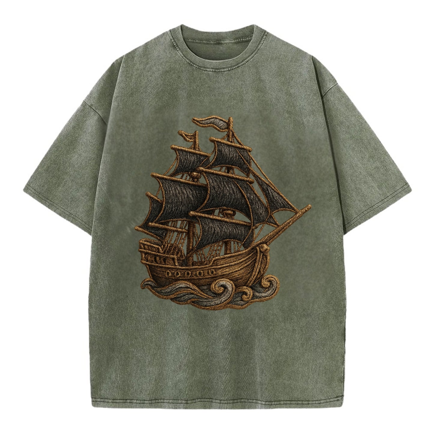 Pirate Ship  - Vintage T-shirt - Army Green