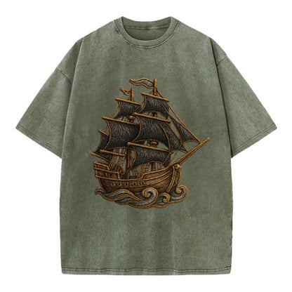 Pirate Ship  - Vintage T-shirt - Army Green