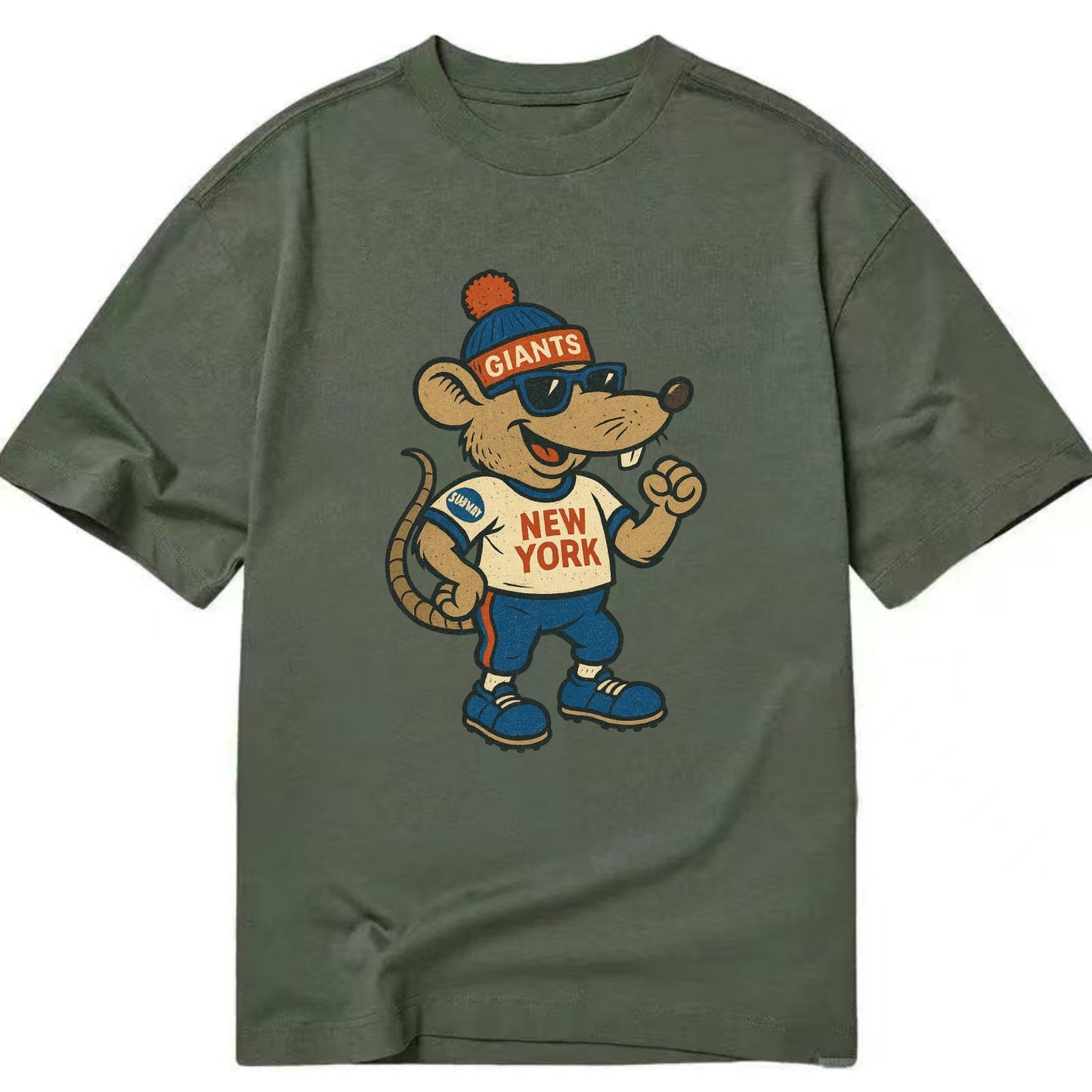 New York Rat wearing Giants beanie with subway patch and wayfarer sunglasses - Classic T-shirt - Army Green