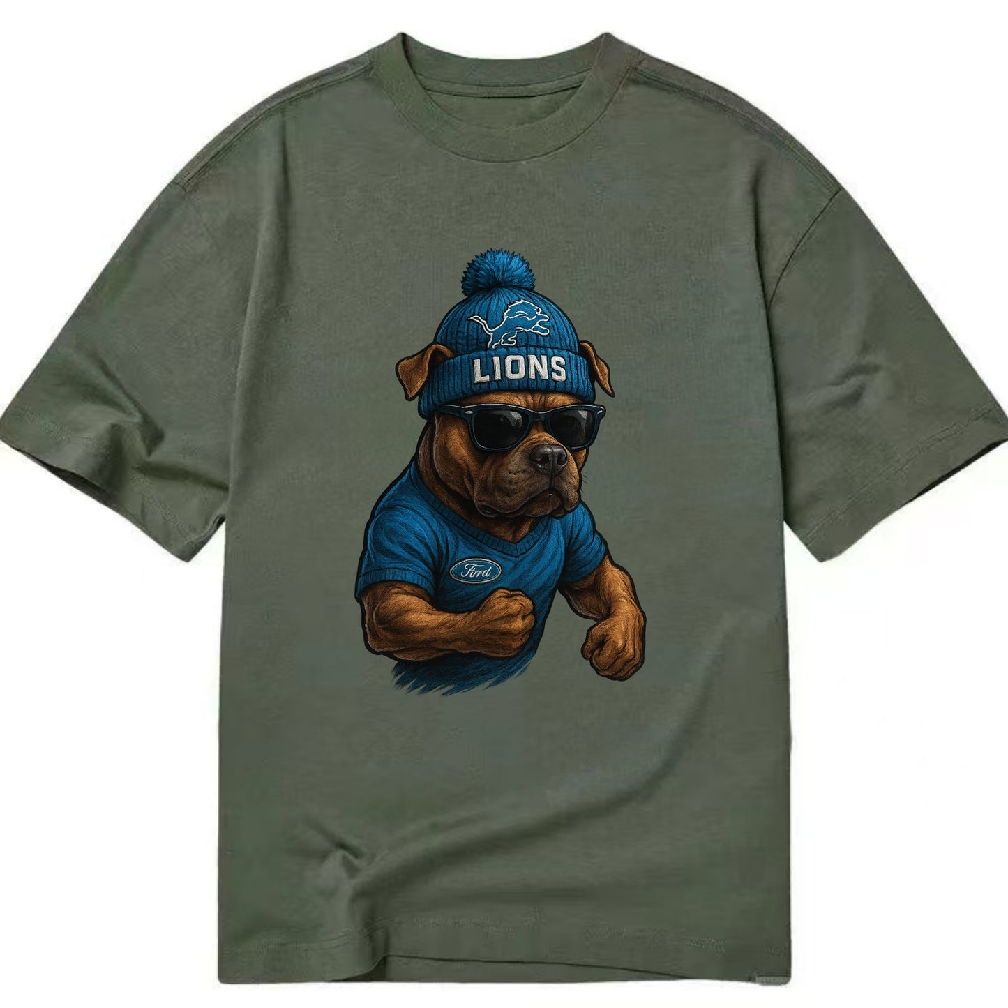 Detroit Pitbull wearing Lions beanie with auto patch and wayfarer sunglasses - Classic T-shirt - Army Green