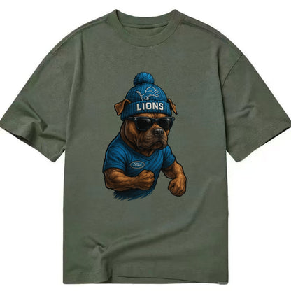 Detroit Pitbull wearing Lions beanie with auto patch and wayfarer sunglasses - Classic T-shirt - Army Green