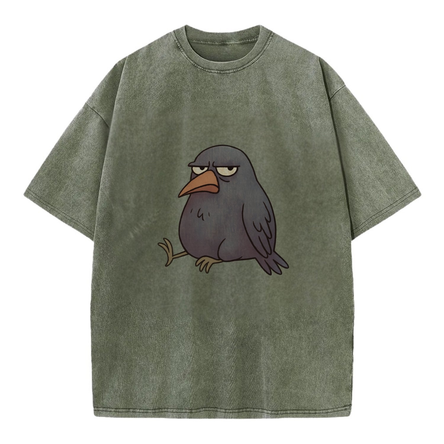 THE CROW JUDGES SILENTLY | Black crow with disapproving look - Vintage T-shirt - Army Green