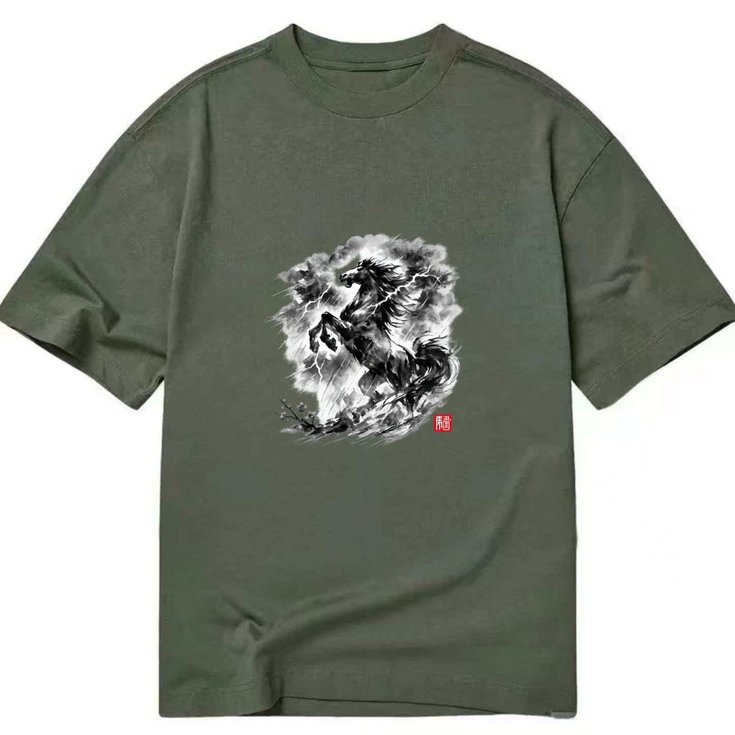 THUNDER HORSE | Storm horse with lightning elements | Dramatic storm clouds - Classic T-shirt - Army Green