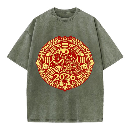LUCKY HORSE MEDALLION | Circular medallion with horse profile | Intricate Chinese - Vintage T-shirt - Army Green